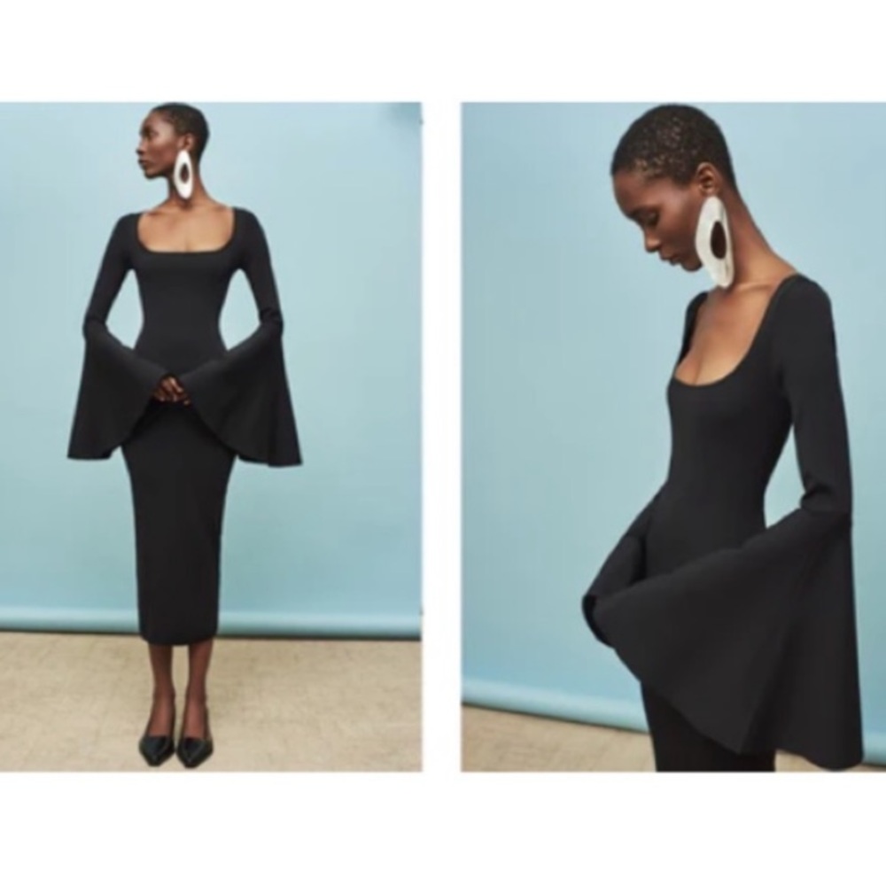 {Solace London} Dress Serra Square Neck Midi Ribbed Bell Sleeves